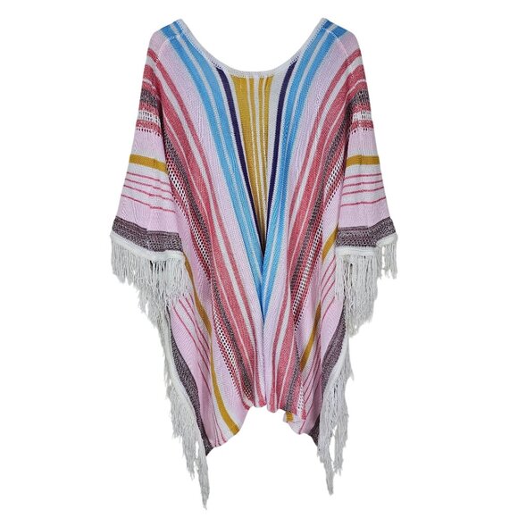 Festival Multicolor Striped Rainbow Fringe Poncho Cape Shawl Boho Relaxed Casual - Picture 2 of 7
